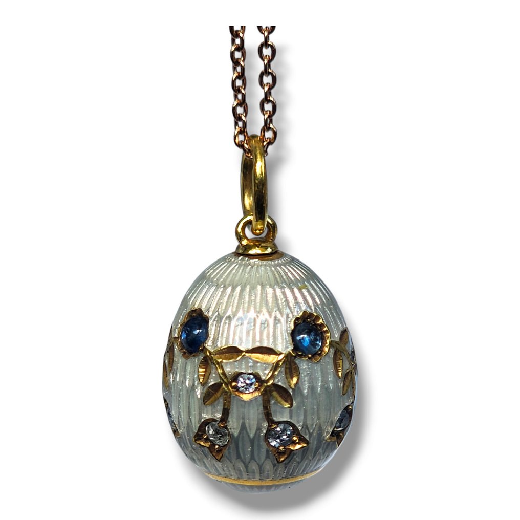 Fabergé - 墜飾 Fabergé 俄羅斯 56k (14k) 金鑽石與藍色琺瑯蛋吊飾 d. 1890 年代大號 #2.1