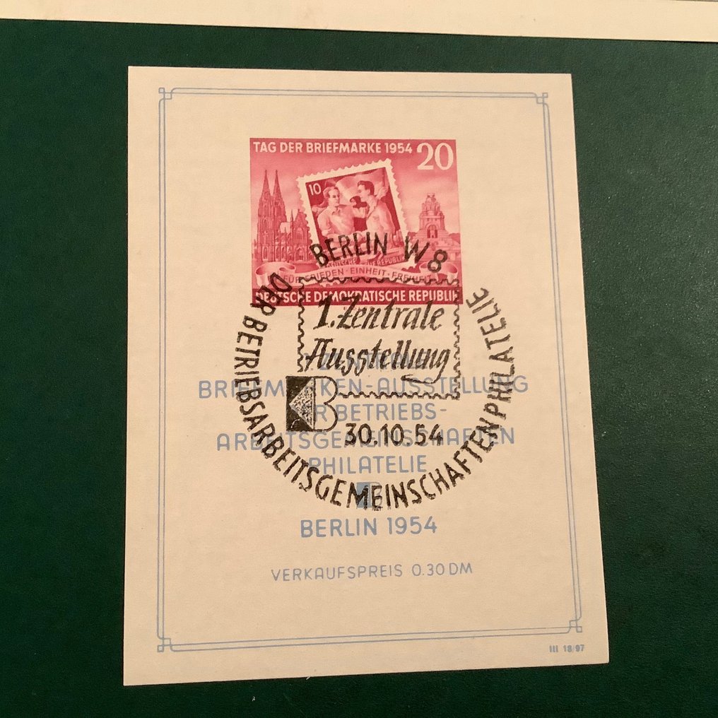 DDR 1954 - Blocktag der Briefmarke mit Druckfehler - Fotoattest Mayer VP - Michel blok 10 XII #2.1
