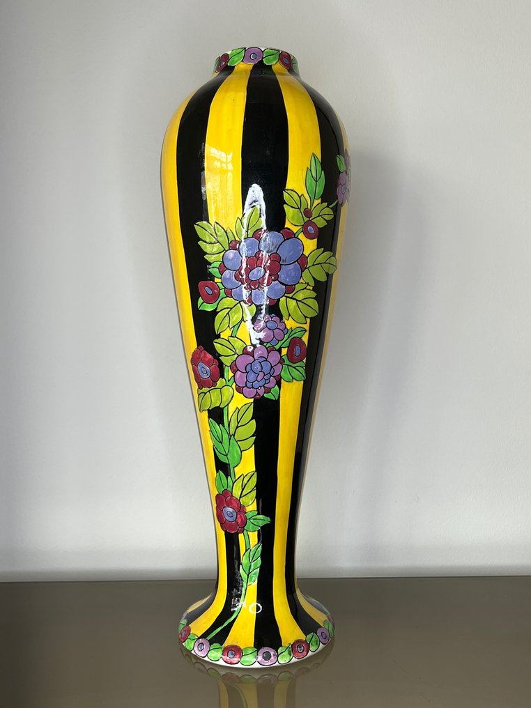 Boch Frères, Keramis, Keramis Boch - Charles Catteau - Vase -  Large Tall Opening Vase With Dahlias 45cm!  - Creamware #3.1