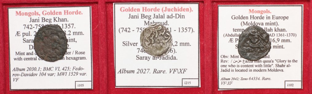 Mongóis, Horda Dourada. Jani Beg and Abd Allah khan. Lot of 3 rare coins 1341-1370 #3.1