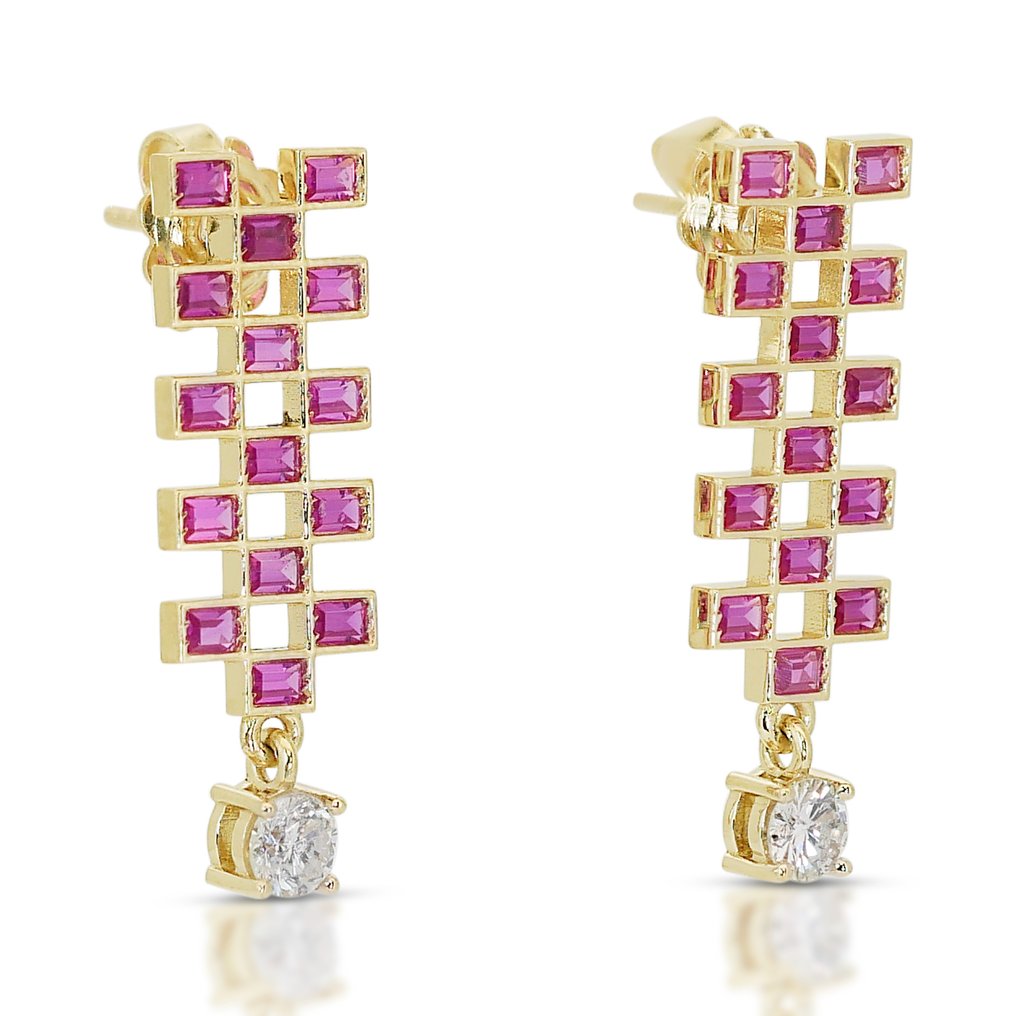 Earrings - 14 kt. Yellow gold -  1.90ct. tw. Diamond  (Natural) - Ruby - Art Deco Style #1.2
