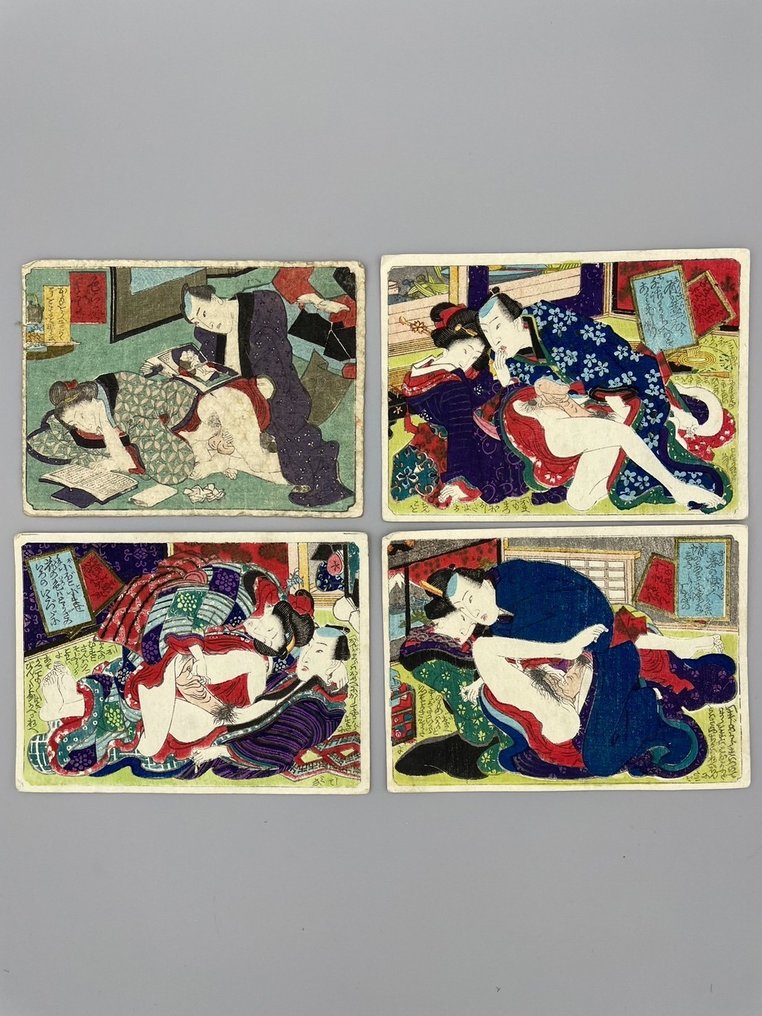 Four original shunga woodblock prints - Mid 19th century (Edo period) - Attributed to Utagawa Kunisada (1785-1865) - Japan -  Edo-perioden (1600-1868) #1.1