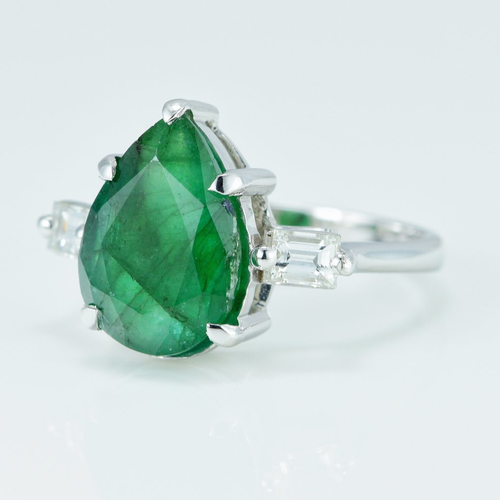 戒指 - 14K包金 白金 -  4.05ct. tw. 祖母绿 - 钻石 - 结婚戒指 #1.2