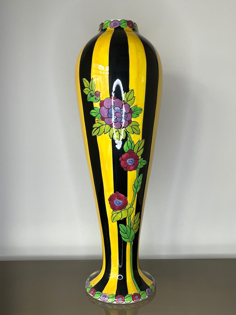 Boch Frères, Keramis, Keramis Boch - Charles Catteau - Vase -  Large Tall Opening Vase With Dahlias 45cm!  - Creamware #1.1