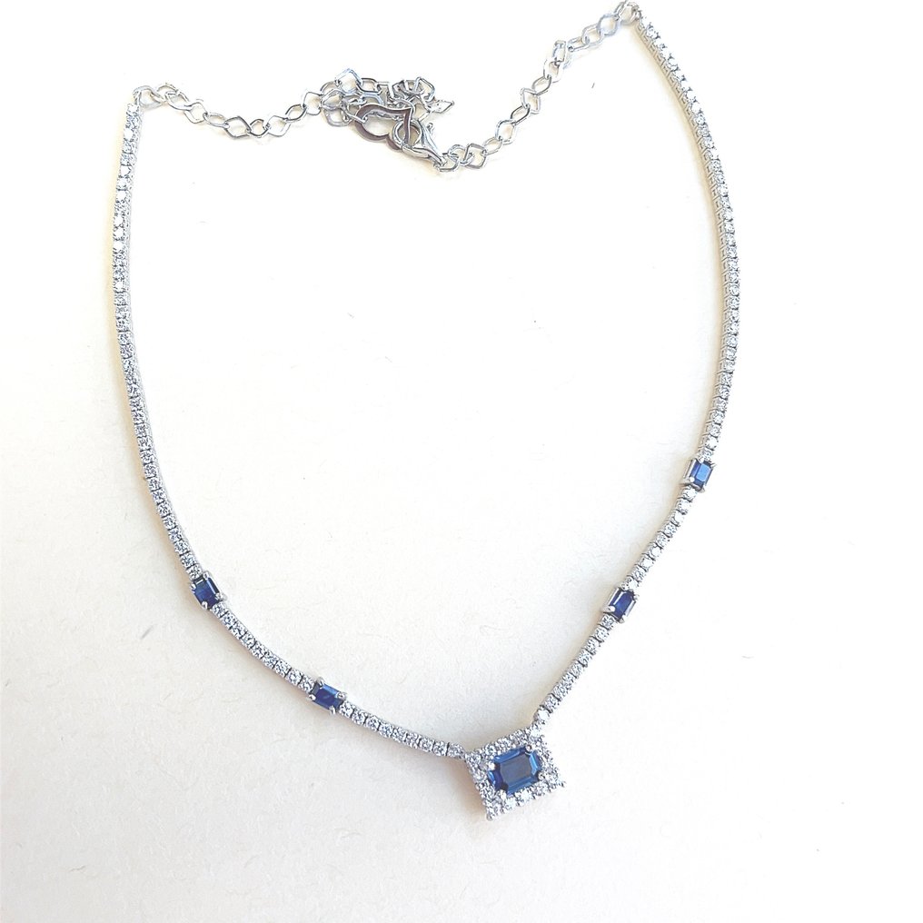 Necklace - 14 kt. White gold -  6.70ct. tw. Sapphire - Diamond #2.1