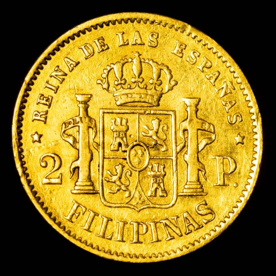 Filippinerne, Spanien. Isabel II (1833-1868). 2 Pesos Acuñados en la ceca de Manila, para circular en las islas Filipinas, en el año 1861. Muy escasa #1.2