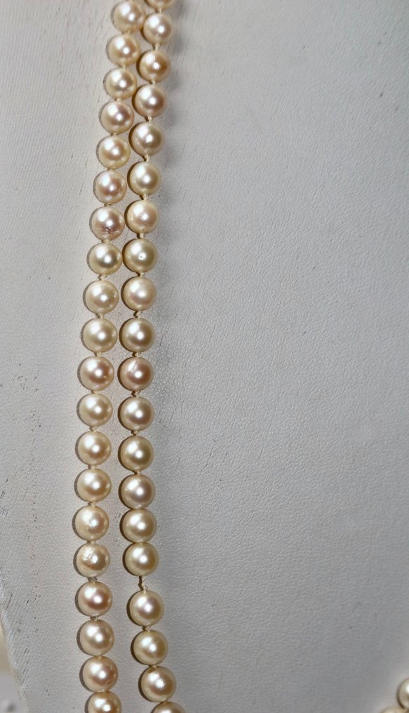 Necklace - 14 kt. White gold, Akoya pearls Pearl - Sapphire - 2 row Japanese sea Pearls #2.1