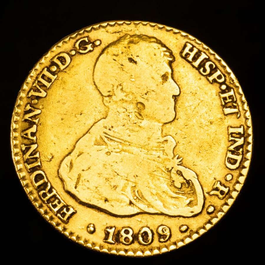 Spanien. Fernando VII (1813-1833). 2 Escudos acuñados en la ceca de Sevilla en el año 1809, ensayador C.N. Muy escasa  (Utan reservationspris) #1.1