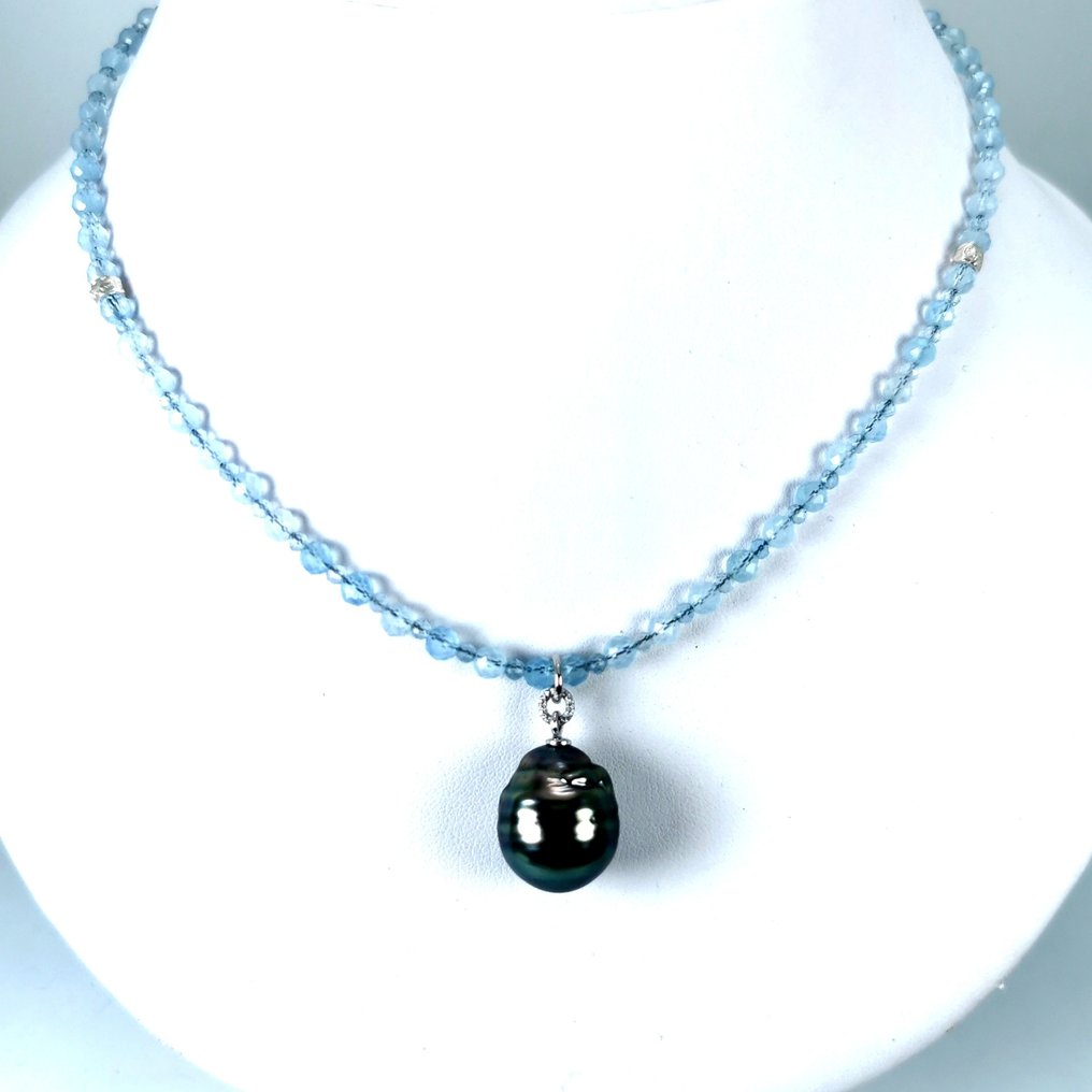 Halskette Silber Perle - Aquamarin - Tahitian BQ Ø 14,2x16,8MM #1.1