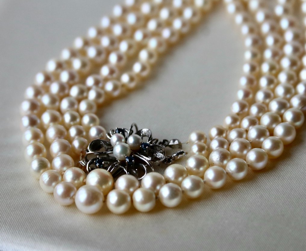 Necklace - 14 kt. White gold, Akoya pearls Pearl - Sapphire - 2 row Japanese sea Pearls #3.2