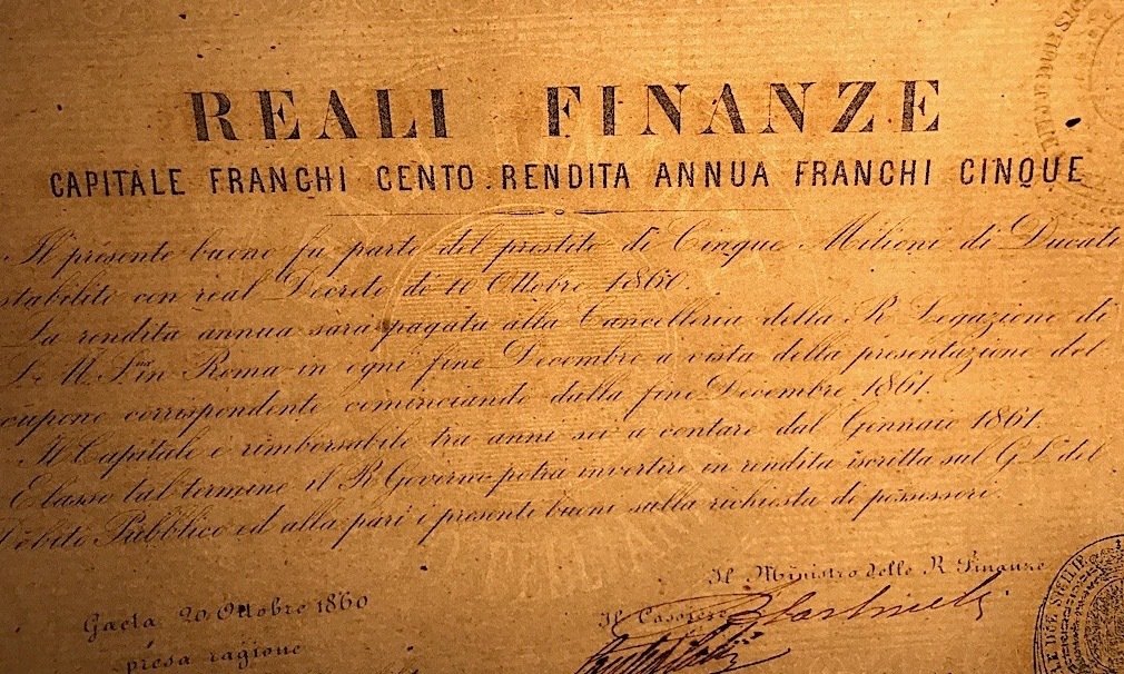 Italië. - 100 Francs 1860 - Regno delle Due Sicilie obbligazione Reali Finanze Re Francesco II e firma Carbonelli  (Zonder minimumprijs) #4.3