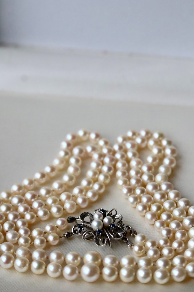 Necklace - 14 kt. White gold, Akoya pearls Pearl - Sapphire - 2 row Japanese sea Pearls #3.1