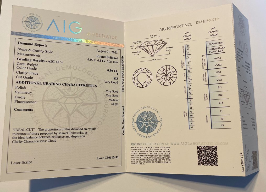 1 pcs Diamant  (Natur)  - 0.50 ct - Rund - I - SI3 - Antwerp International Gemological Laboratories (AIG Milano) #1.2