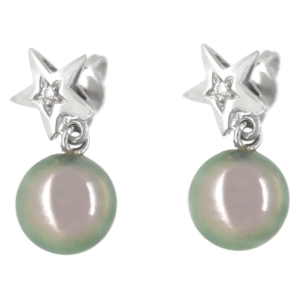 Earrings - 18 kt. White gold -  0.04ct. tw. Diamond  (Natural) - Pearl #1.1