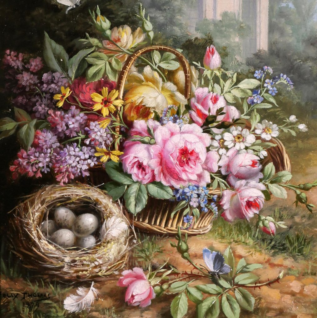 André-Félix Thomas (XIX-XX) - Still life of flowers with butterflies and eggs in a landscape #2.1