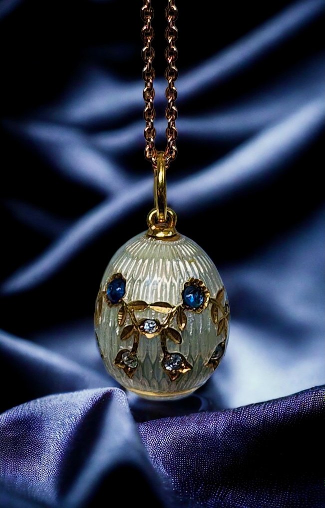 Fabergé - Hänge Ett Fabergé ryskt 56k (14k) guld diamant & blå emalj ägghänge d. 1890-talets stora #1.2