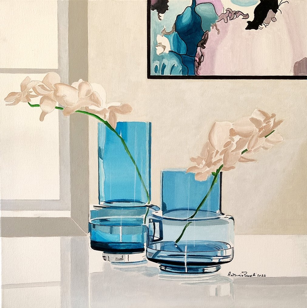 Antonio Perotti - Still Life Vasi in vetro con quadro astratto #1.1