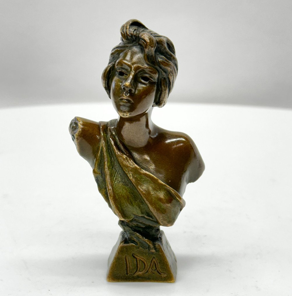 小塑像 - Emmanuel Villanis (1858 - 1914) Antique French Bronze Sculpture Buste "IDA" - 銅綠青銅 #2.1