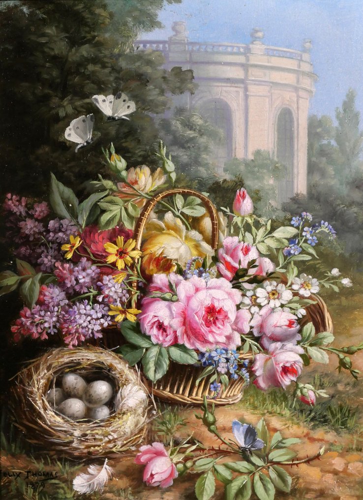 André-Félix Thomas (XIX-XX) - Still life of flowers with butterflies and eggs in a landscape #1.1