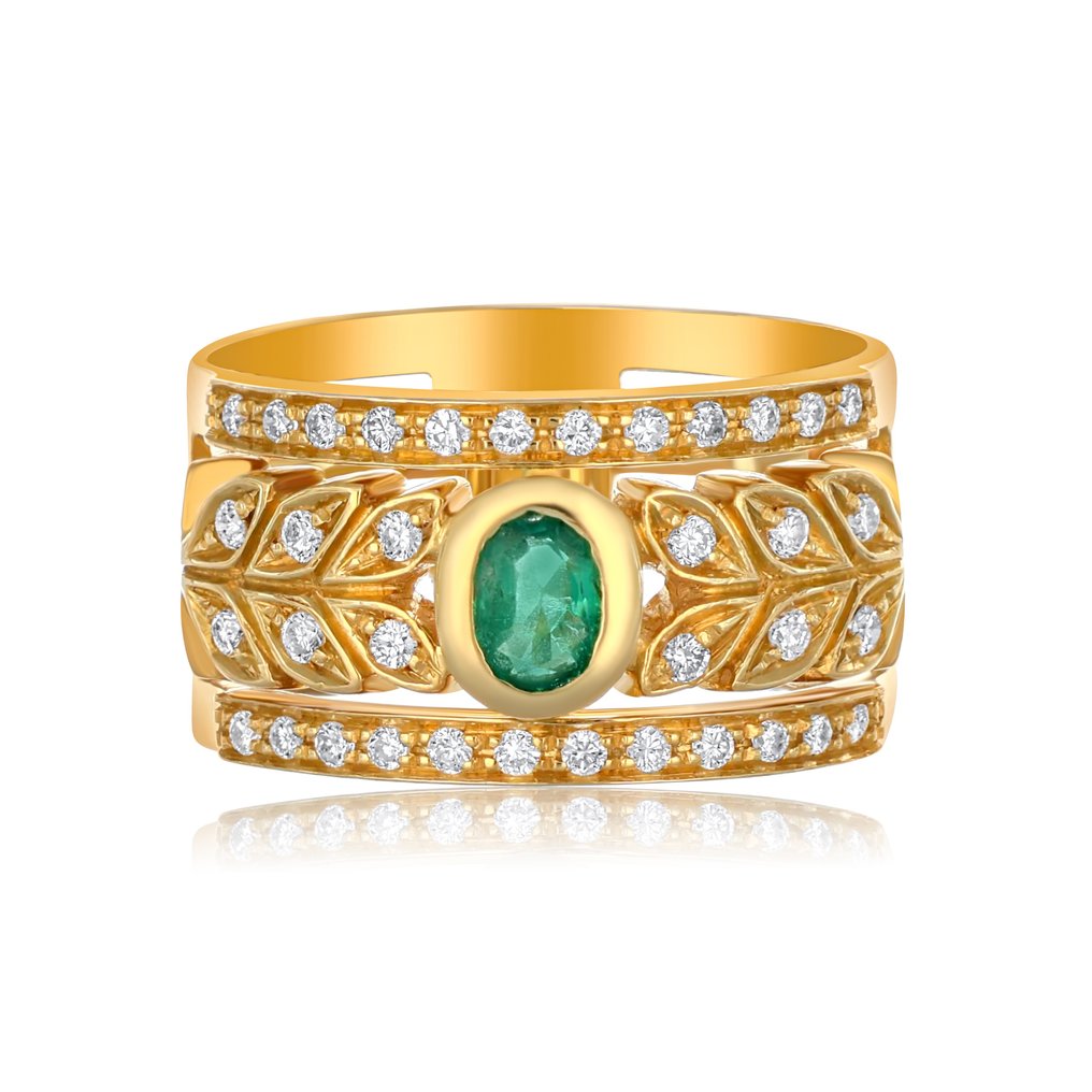 Ring - 18 kt. Yellow gold -  0.42ct. tw. Diamond - Emerald #1.1