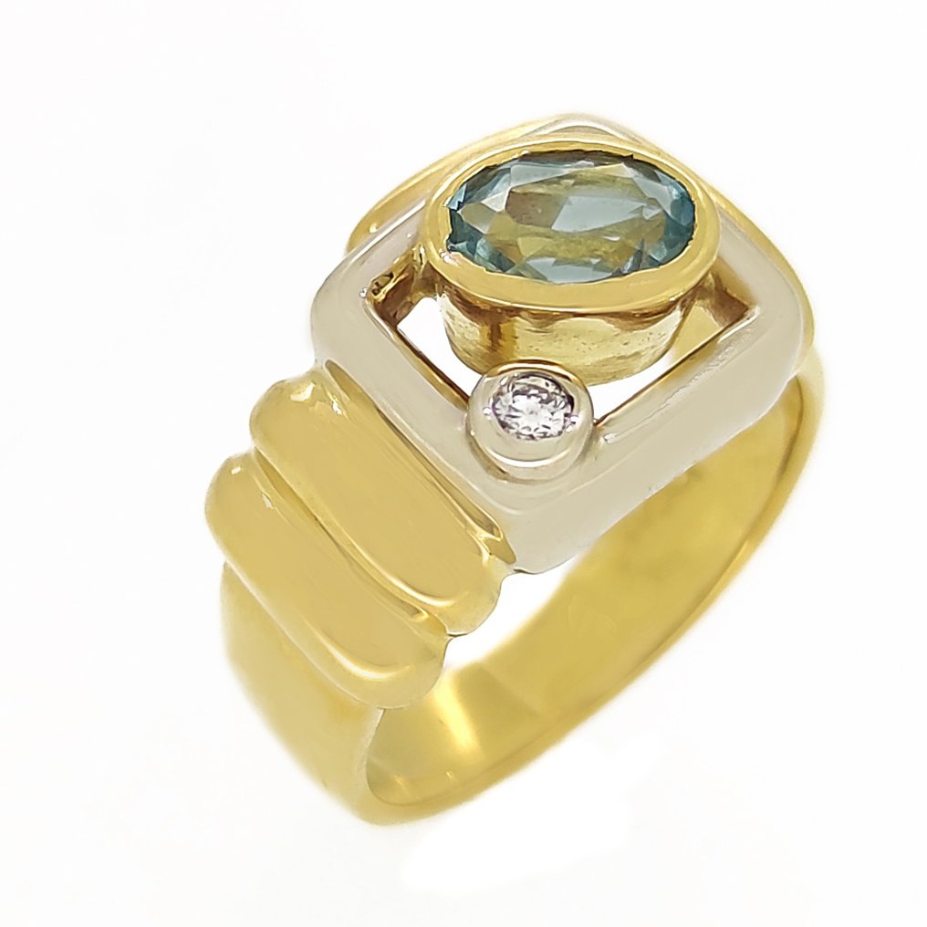 Ring - 18 karaat Geel goud, Witgoud -  0.03ct. tw. Diamant - Aquamarijn #1.1