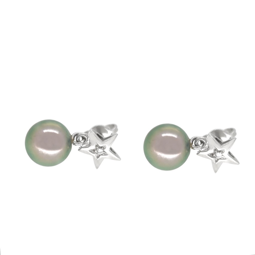 Earrings - 18 kt. White gold -  0.04ct. tw. Diamond  (Natural) - Pearl #2.1