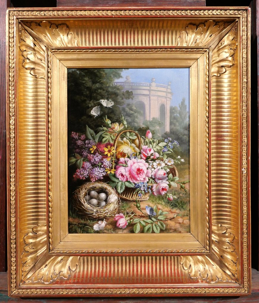 André-Félix Thomas (XIX-XX) - Still life of flowers with butterflies and eggs in a landscape #1.2
