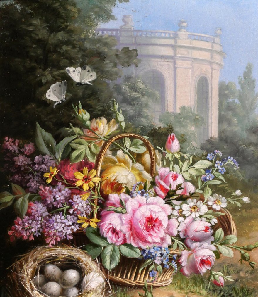 André-Félix Thomas (XIX-XX) - Still life of flowers with butterflies and eggs in a landscape #1.3