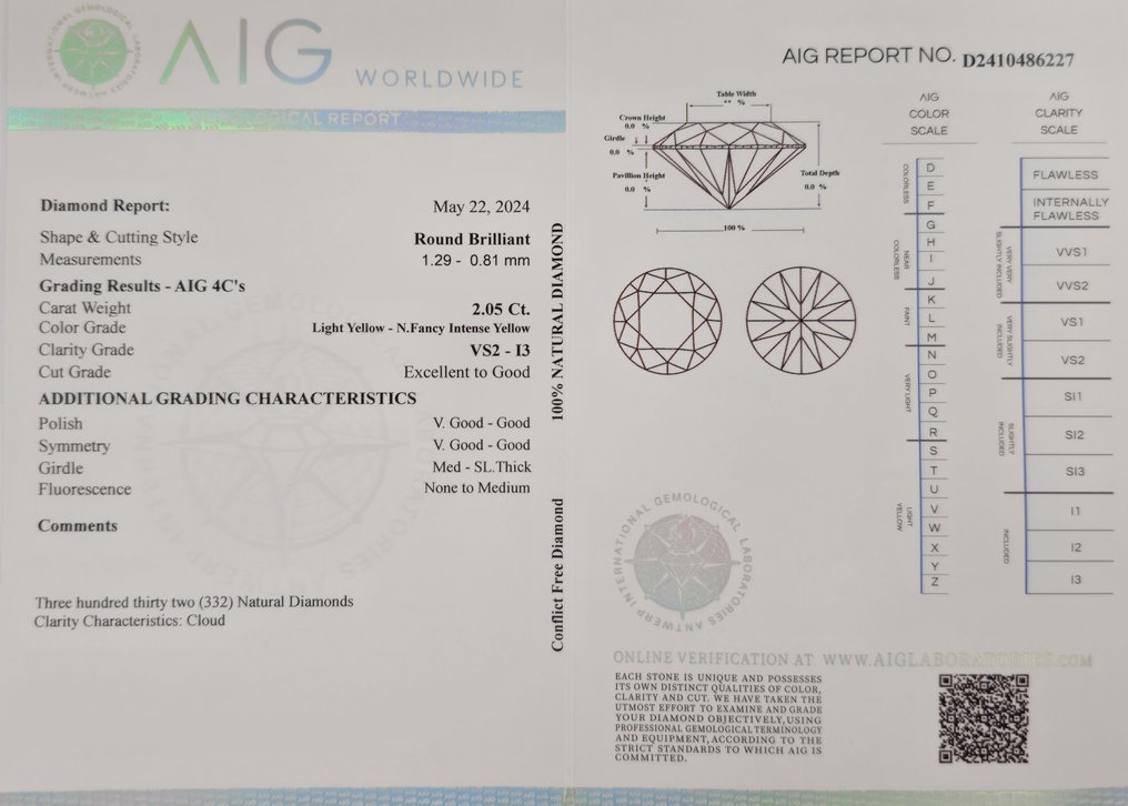 Sin Precio de Reserva - 332 pcs Diamante  (Natural)  - 2.05 ct - Redondo - I3, VS2 - Antwerp International Gemological Laboratories (AIG Israel) - L Amarillo - F I Amarillo #3.1