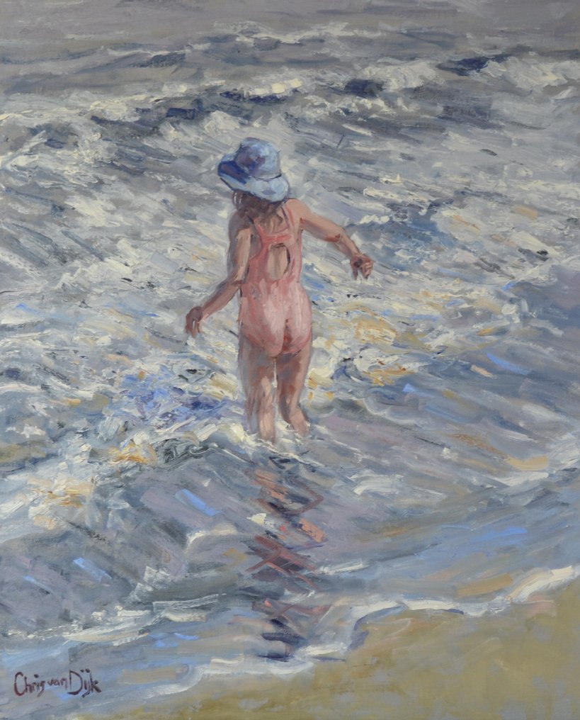 Chris van Dijk  (1952) Impressionist - " Fille au chapeau bleu dans les vagues " #1.2