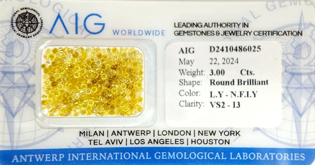 Nincs minimálár - 244 pcs Gyémánt  (Természetes)  - 3.00 ct - Kerek - I3, VS2 - Antwerpeni Nemzetközi Gemmológiai Laboratóriumok (AIG Israel) - L Sárga - F I Sárga #2.1