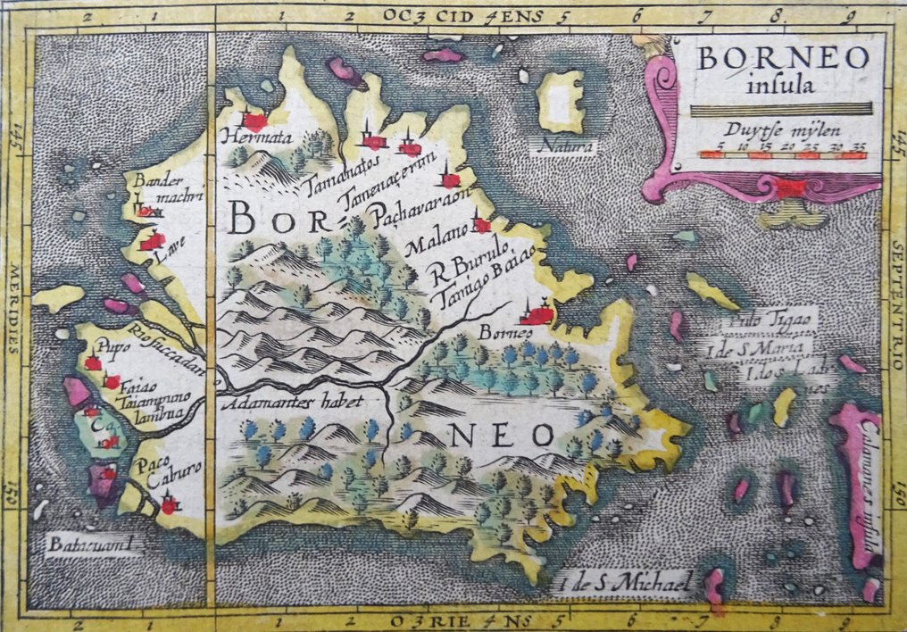 Indonesia - Malaysia, Brunei, Borneo, Kalimantan; Bertius / Hondius - Borneo Insula - 1601-1620 #1.0