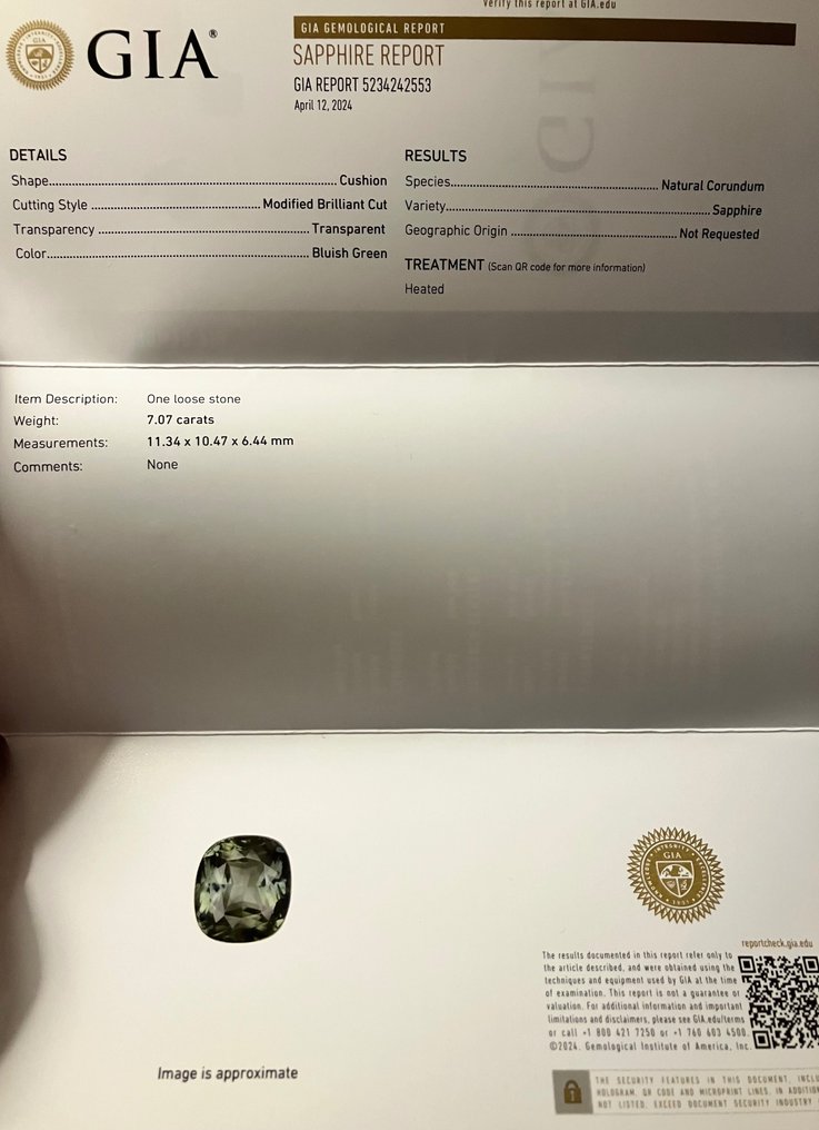 1 pcs Blå, Grønn Safir - 7.07 ct - Gemologisk institutt i Amerika (GIA) #1.0