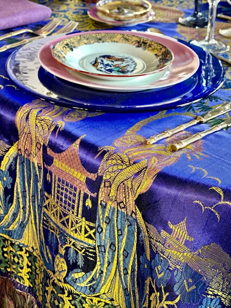Antik damask silkedug, chinoiserie, afsluttet i frynser, traditionelle scener. - Dug  - 235 cm - 155 cm #1.1