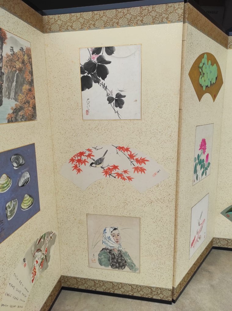Paravent - Bois, Métal, Papier, Textile - Japon - Byōbu sextuple avec peintures shikishi #2.2