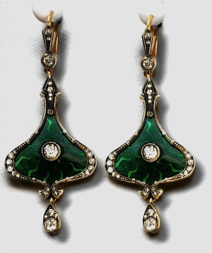 耳環 俄羅斯帝國古董 56 金（14k 金）裝飾藝術鑽石琺瑯耳環 1.30 克拉俄羅斯 #1.1