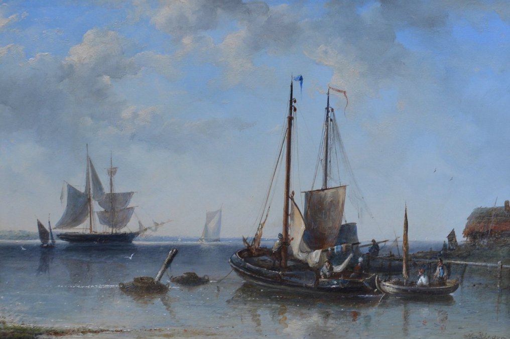 Nicolaas Riegen (1827-1889) - Rivierlandschap met boten #1.1