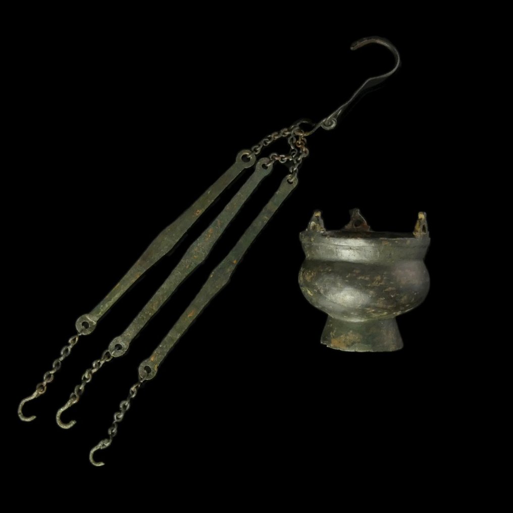 Spätrömisch / Frühbyzantinisch Bronze Räuchergefäß (Weihrauchbrenner) mit Ketten und Haken #1.2