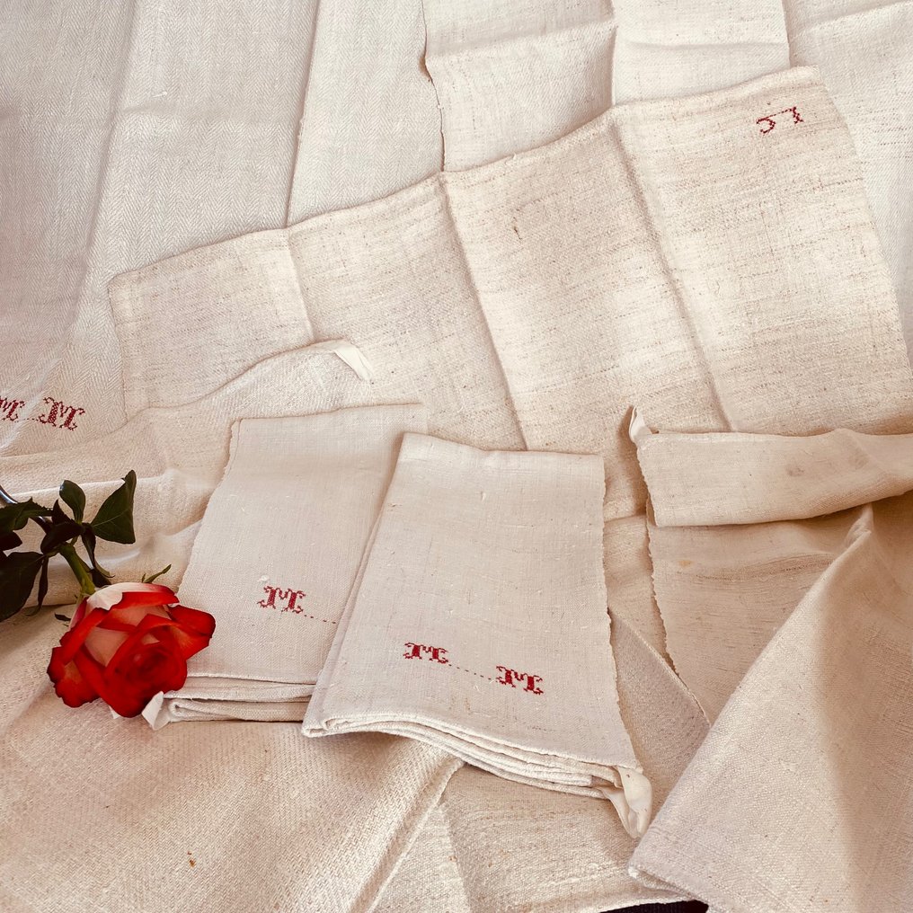 Rarity Ancient woven hemp tea towels on the loom with monograms - Textile (7)  - 70 cm - 65 cm #1.1