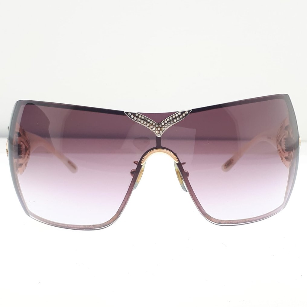 Chopard - Shield Gold Tone Metal & White Acetate Decorated with Transparent and Amber Tone Swarovski Crystals - Sunglasses #2.1