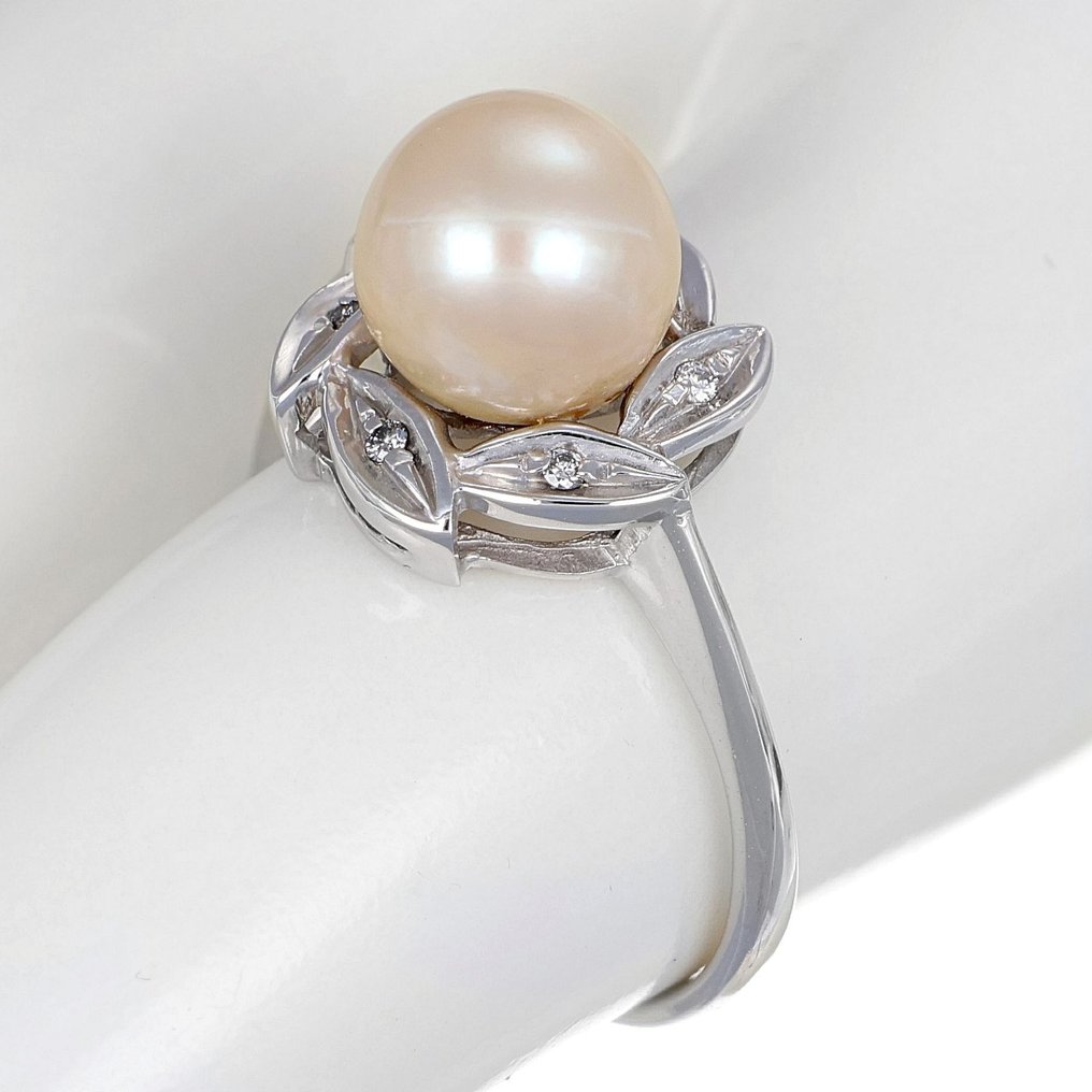 Ring - 18 kt. White gold -  0.06ct. tw. Diamond - Pearl #1.2