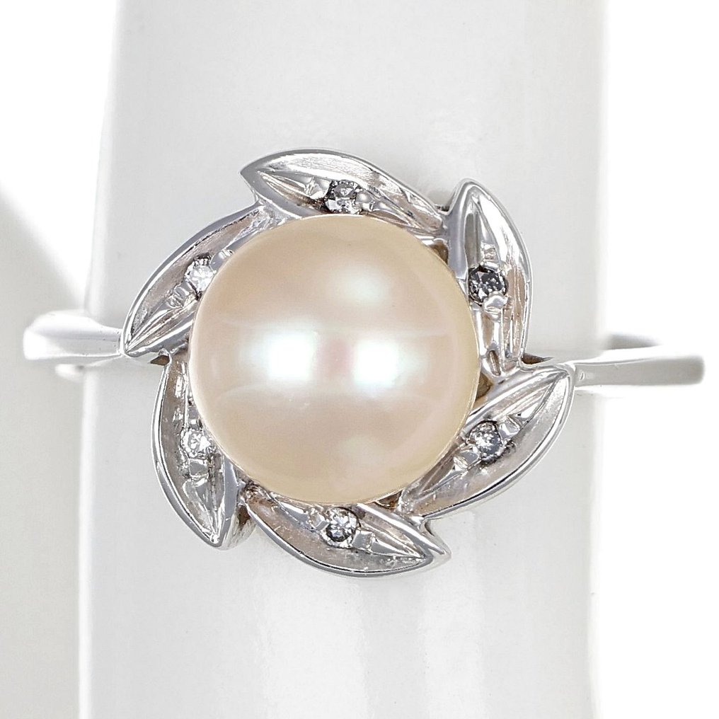 Ring - 18 kt. White gold -  0.06ct. tw. Diamond - Pearl #1.1