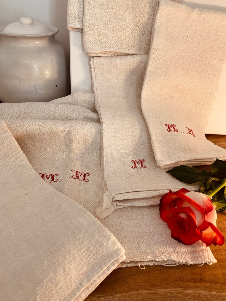 Rarity Ancient woven hemp tea towels on the loom with monograms - Textile (7)  - 70 cm - 65 cm #2.1