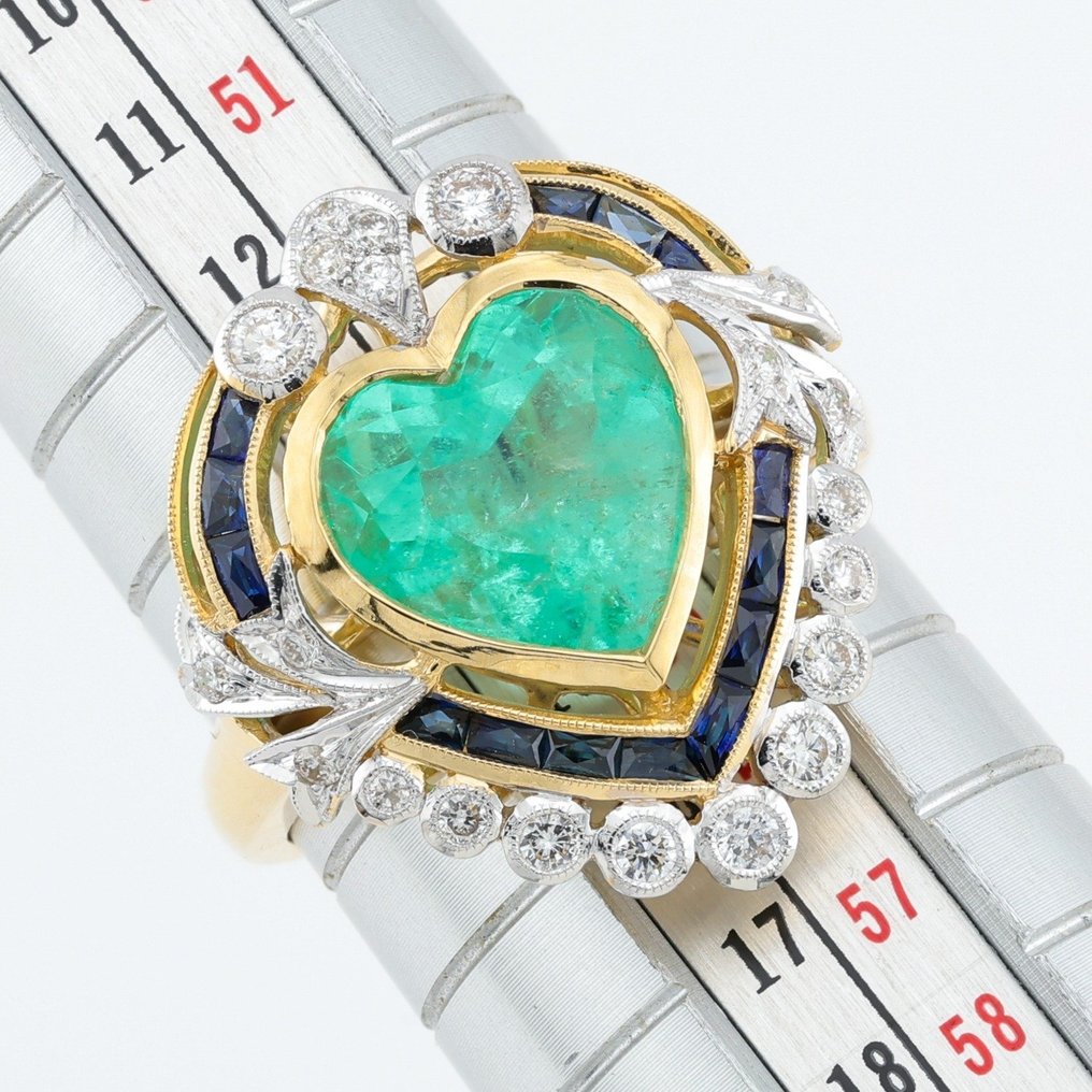 "GIA"  - Colombia (Emerald) 3.37  Ct, (Blue) Sapphire & Diamond Combo - 18 kt zweifarbig - Ring #2.1