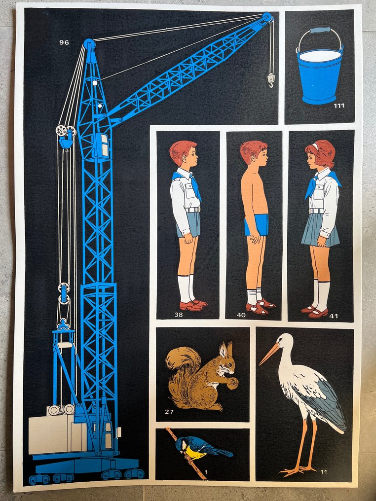 József Fogas - School education or work safety poster - industrial, lithography, crane, squirrel, bird, Budapest, - 1960‹erne #1.1
