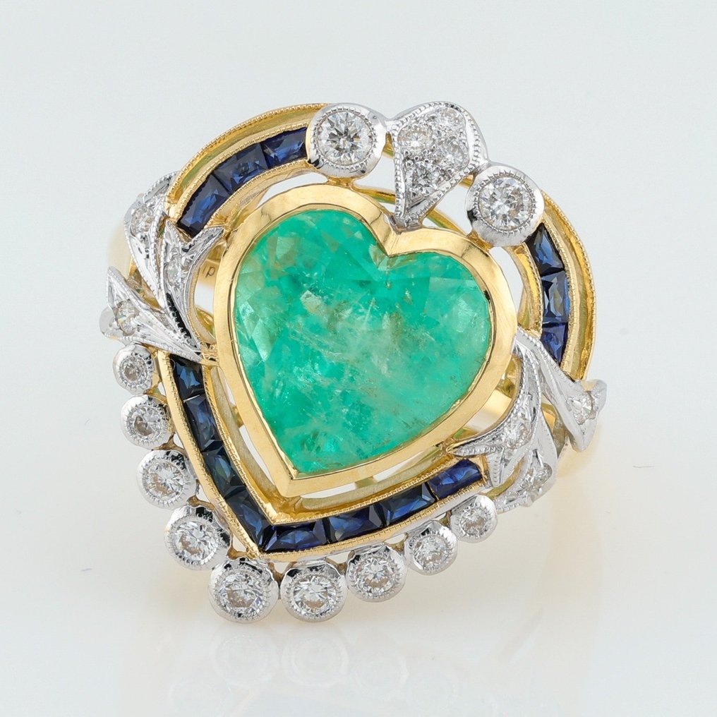 "GIA"  - Colombia (Emerald) 3.37  Ct, (Blue) Sapphire & Diamond Combo - 18-karatowe Dwukolorowy - Pierścionek #1.1