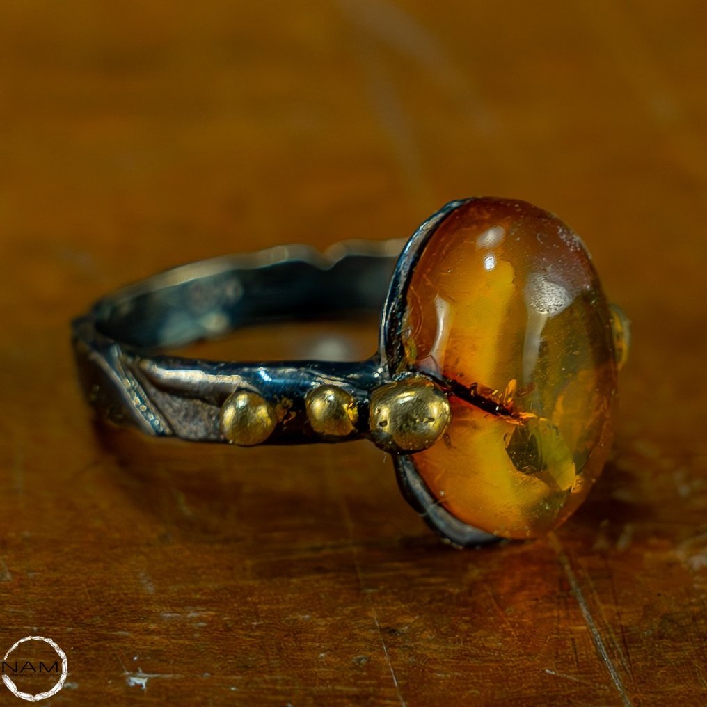 Seltener Karibischer Bernstein Vintage Ring - 925 Silber, 14k Vergoldet - 20,2 ct- 4.04 g #2.1
