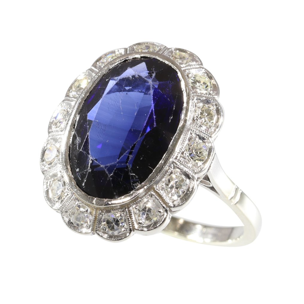 Vintage 1950's Fifties, Lady Di ring - Ring - 18 karat Hvitt gull -  5.50ct. tw. Safir - Diamant #1.1