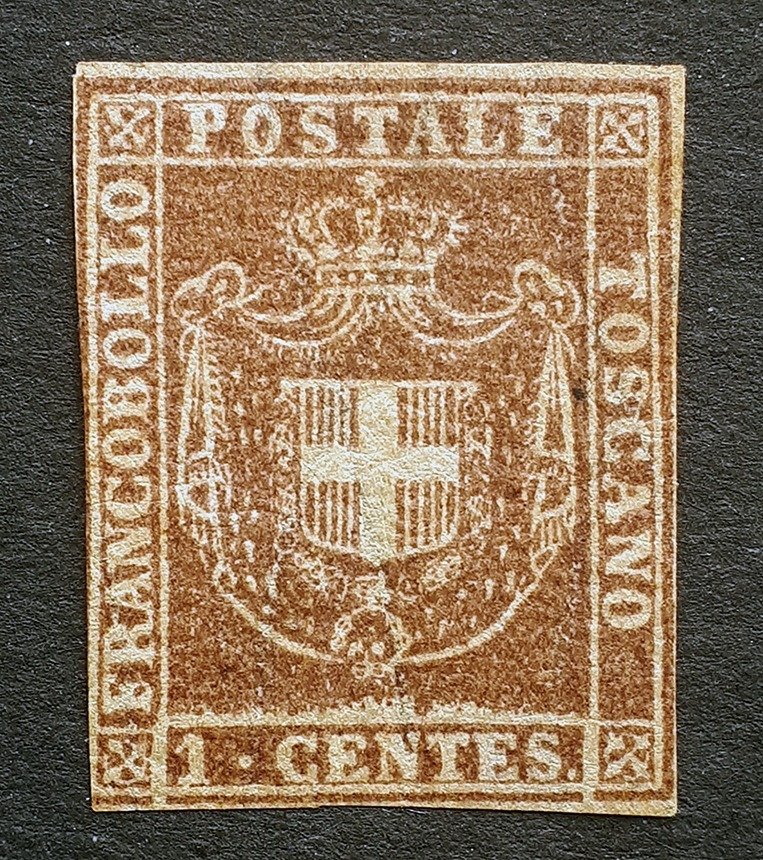 Italian Ancient States - Tuscany 1860 - Coat of arms of Savoy, 1 centes violet brown - Sassone N. 20 #1.1