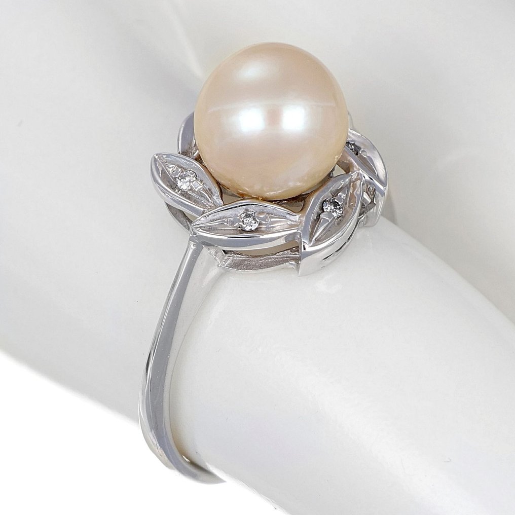 Ring - 18 kt. White gold -  0.06ct. tw. Diamond - Pearl #2.1
